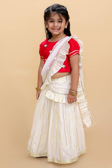 Lil Drama_Red Cotton Embroidery, Lace Lampi And Lurex Striped Lehenga With Blouse_Online_at_Aza_Fashions