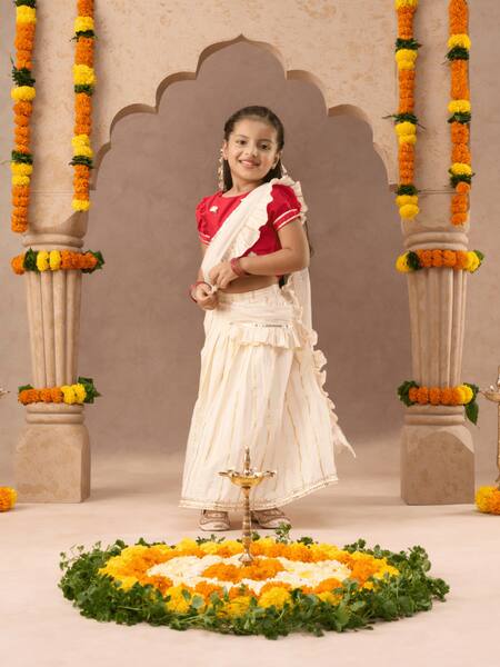 Buy_Lil Drama_Red Cotton Embroidery, Lace Lampi And Lurex Striped Lehenga With Blouse_Online_at_Aza_Fashions