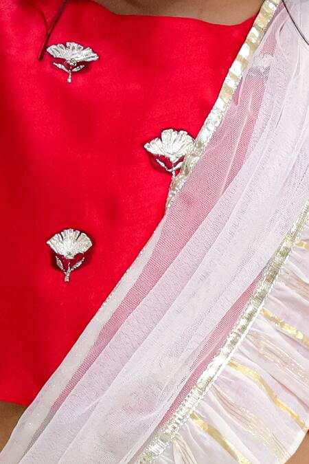 Shop_Lil Drama_Red Cotton Embroidery, Lace Lampi And Lurex Striped Lehenga With Blouse_Online_at_Aza_Fashions