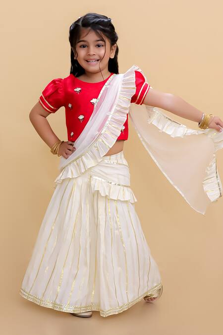 Lil Drama_Red Cotton Embroidery, Lace Lampi And Lurex Striped Lehenga With Blouse_at_Aza_Fashions