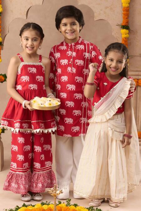 Shop_Lil Drama_Red Cotton Embroidery, Lace Lampi And Lurex Striped Lehenga With Blouse