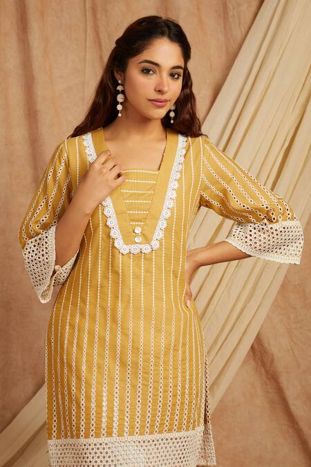 Shop Label Muslin Beige Cotton Embroidery Square Neck Kurta With Pant Online at Aza Fashions Shop_Label Muslin_Beige Cotton Embroidery Square Neck Kurta With Pant _Online_at_Aza_Fashions