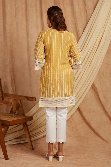 Shop Label Muslin Beige Cotton Embroidery Square Neck Kurta With Pant at Aza Fashions Shop_Label Muslin_Beige Cotton Embroidery Square Neck Kurta With Pant _at_Aza_Fashions