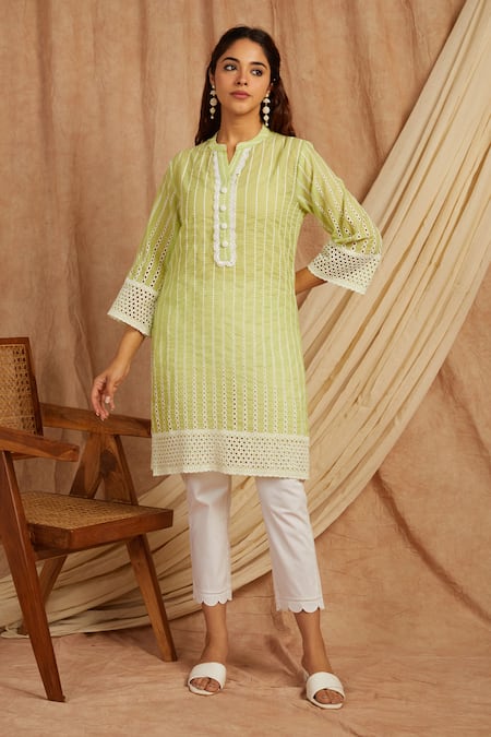 Label Muslin Green Cotton Embroidery Collared Thread Kurta With Pant 