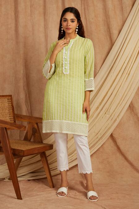 Label Muslin_Green Cotton Embroidery Collared Thread Kurta With Pant _Online_at_Aza_Fashions