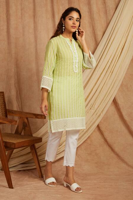 Shop_Label Muslin_Green Cotton Embroidery Collared Thread Kurta With Pant _Online_at_Aza_Fashions