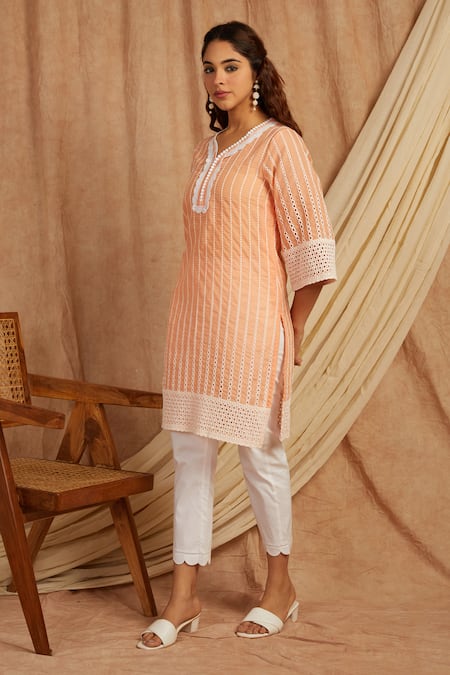 Buy Label Muslin Peach Cotton Embroidery Collared Kurta With Pant Online at Aza Fashions Buy_Label Muslin_Peach Cotton Embroidery Collared Kurta With Pant _Online_at_Aza_Fashions