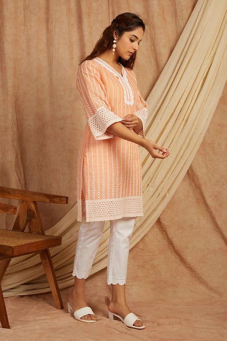 Shop Label Muslin Peach Cotton Embroidery Collared Kurta With Pant Online at Aza Fashions Shop_Label Muslin_Peach Cotton Embroidery Collared Kurta With Pant _Online_at_Aza_Fashions