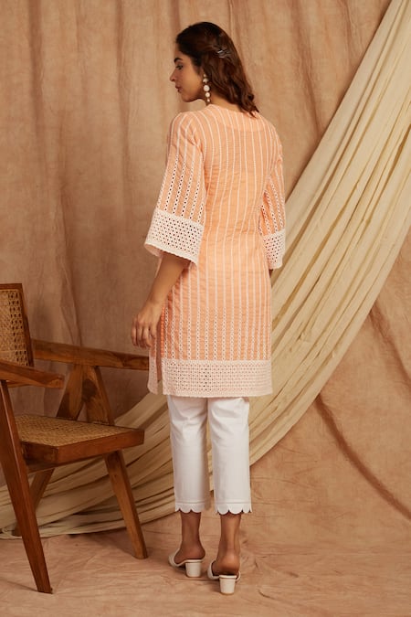 Shop Label Muslin Peach Cotton Embroidery Collared Kurta With Pant at Aza Fashions Shop_Label Muslin_Peach Cotton Embroidery Collared Kurta With Pant _at_Aza_Fashions