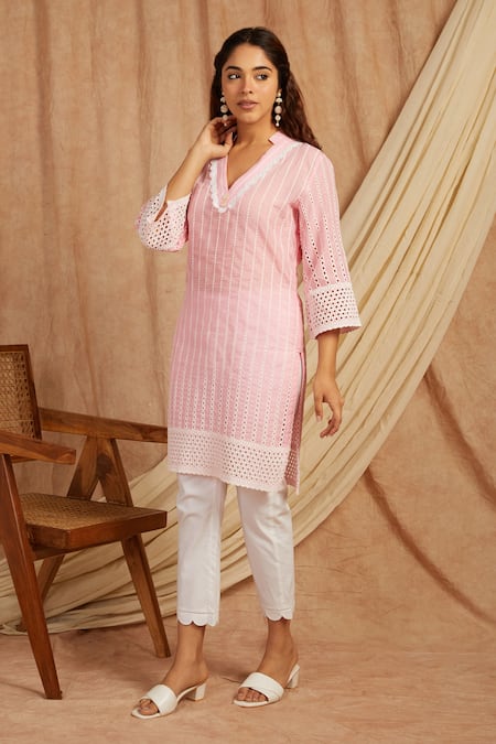 Label Muslin Pink Cotton Embroidery Collared Kurta And Pant Set Online at Aza Fashions Label Muslin_Pink Cotton Embroidery Collared Kurta And Pant Set _Online_at_Aza_Fashions