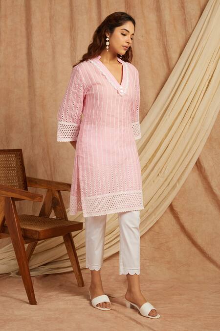 Buy Label Muslin Pink Cotton Embroidery Collared Kurta And Pant Set Online at Aza Fashions Buy_Label Muslin_Pink Cotton Embroidery Collared Kurta And Pant Set _Online_at_Aza_Fashions