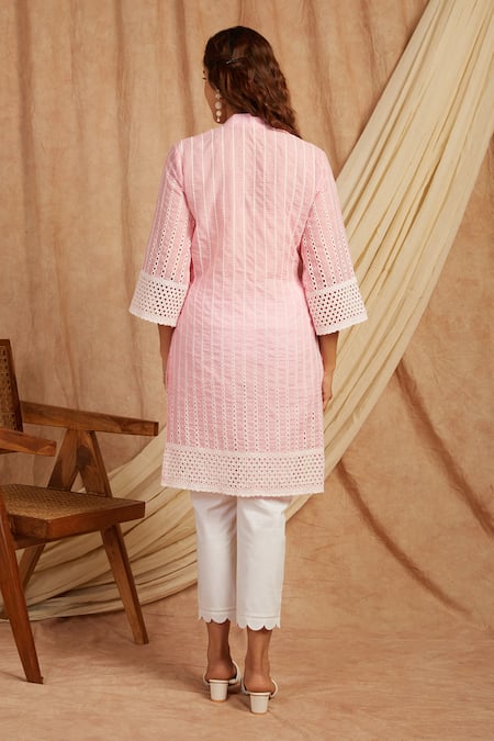 Shop Label Muslin Pink Cotton Embroidery Collared Kurta And Pant Set at Aza Fashions Shop_Label Muslin_Pink Cotton Embroidery Collared Kurta And Pant Set _at_Aza_Fashions