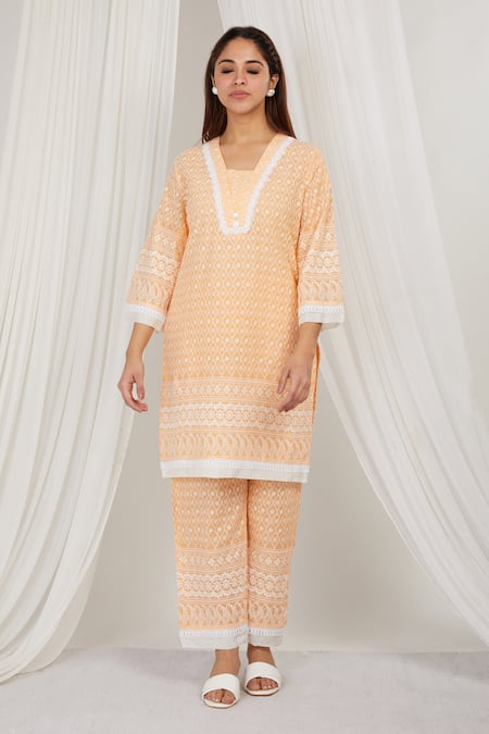 Label Muslin Orange Cotton Embroidery Asymmetric Papaya Kurta With Pant 
