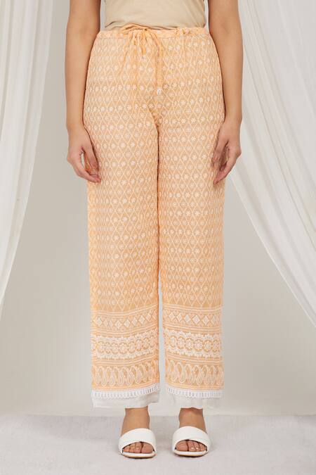 Label Muslin Orange Cotton Embroidery Asymmetric Papaya Kurta With Pant Online at Aza Fashions Label Muslin_Orange Cotton Embroidery Asymmetric Papaya Kurta With Pant _Online_at_Aza_Fashions