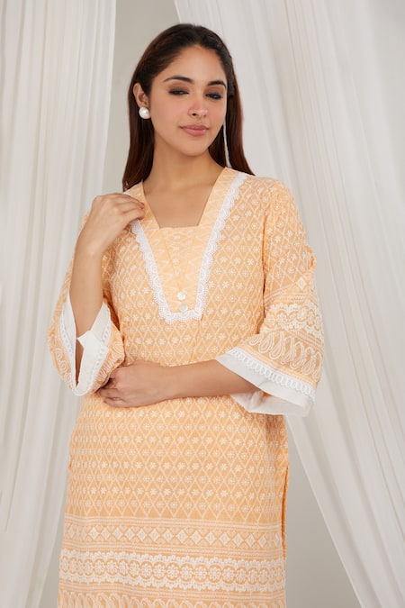 Buy Label Muslin Orange Cotton Embroidery Asymmetric Papaya Kurta With Pant Buy_Label Muslin_Orange Cotton Embroidery Asymmetric Papaya Kurta With Pant
