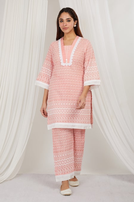 Label Muslin Pink Cotton Embroidery Asymmetric Strawberry Kurta With Pant 