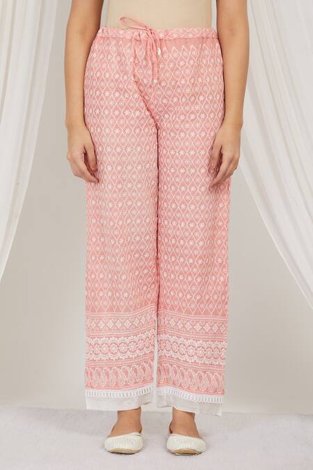 Label Muslin Pink Cotton Embroidery Asymmetric Strawberry Kurta With Pant Online at Aza Fashions Label Muslin_Pink Cotton Embroidery Asymmetric Strawberry Kurta With Pant _Online_at_Aza_Fashions