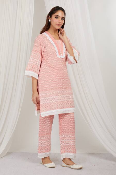 Buy Label Muslin Pink Cotton Embroidery Asymmetric Strawberry Kurta With Pant Online at Aza Fashions Buy_Label Muslin_Pink Cotton Embroidery Asymmetric Strawberry Kurta With Pant _Online_at_Aza_Fashions