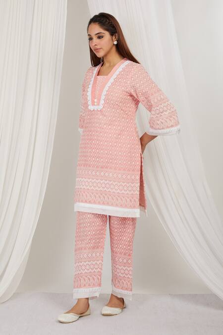 Shop Label Muslin Pink Cotton Embroidery Asymmetric Strawberry Kurta With Pant Online at Aza Fashions Shop_Label Muslin_Pink Cotton Embroidery Asymmetric Strawberry Kurta With Pant _Online_at_Aza_Fashions