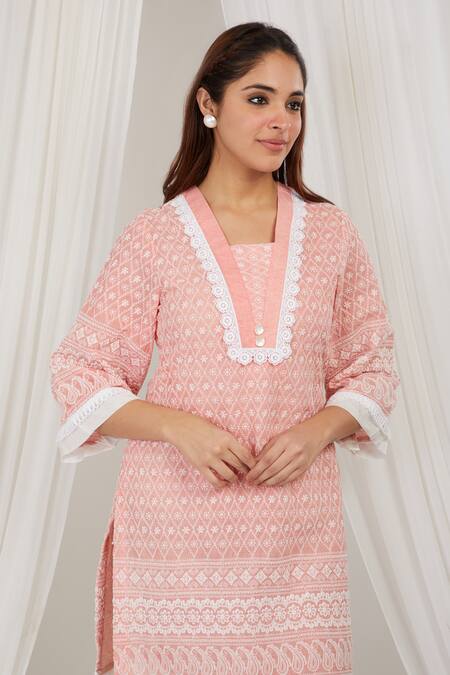 Label Muslin Pink Cotton Embroidery Asymmetric Strawberry Kurta With Pant at Aza Fashions Label Muslin_Pink Cotton Embroidery Asymmetric Strawberry Kurta With Pant _at_Aza_Fashions