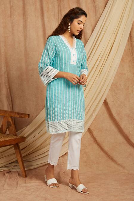 Buy_Label Muslin_Blue Cotton Embroidery V-neck Kurta And Pant Set _Online_at_Aza_Fashions