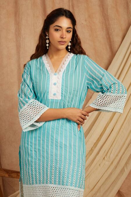Shop_Label Muslin_Blue Cotton Embroidery V-neck Kurta And Pant Set _Online_at_Aza_Fashions