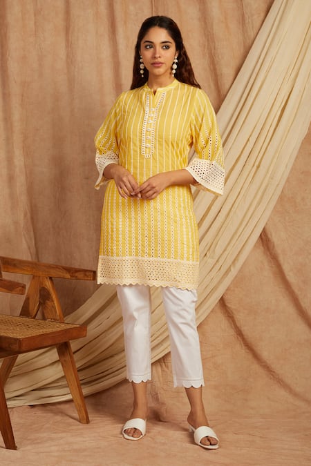 Label Muslin Yellow Cotton Embroidery Bandeau Neck Thread Kurta And Pant Set 
