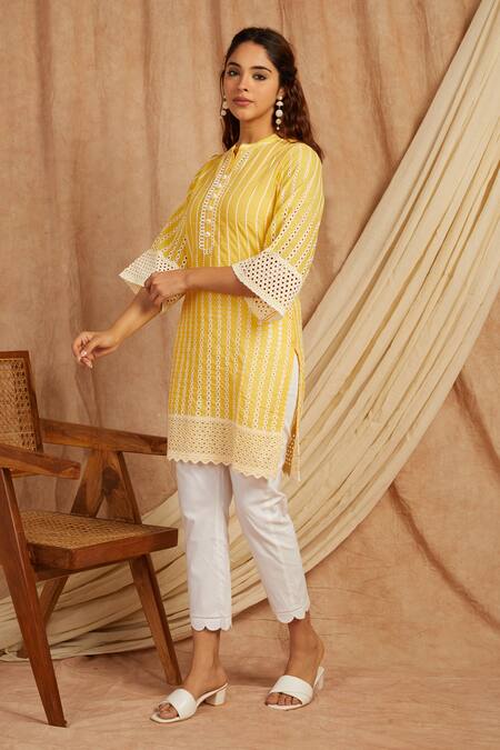 Buy Label Muslin Yellow Cotton Embroidery Bandeau Neck Thread Kurta And Pant Set Online at Aza Fashions Buy_Label Muslin_Yellow Cotton Embroidery Bandeau Neck Thread Kurta And Pant Set _Online_at_Aza_Fashions