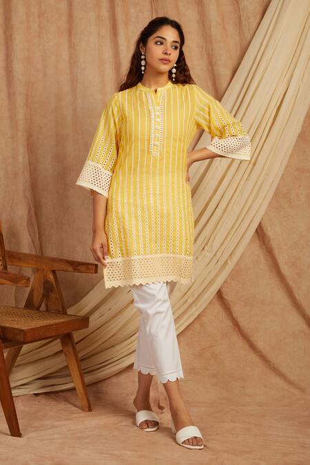 Shop Label Muslin Yellow Cotton Embroidery Bandeau Neck Thread Kurta And Pant Set Online at Aza Fashions Shop_Label Muslin_Yellow Cotton Embroidery Bandeau Neck Thread Kurta And Pant Set _Online_at_Aza_Fashions