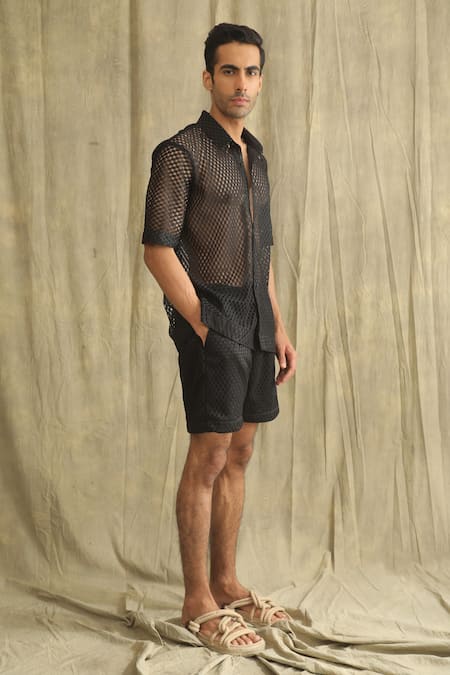 Label Muslin_Black Cotton Crochet Net Shirt _Online_at_Aza_Fashions