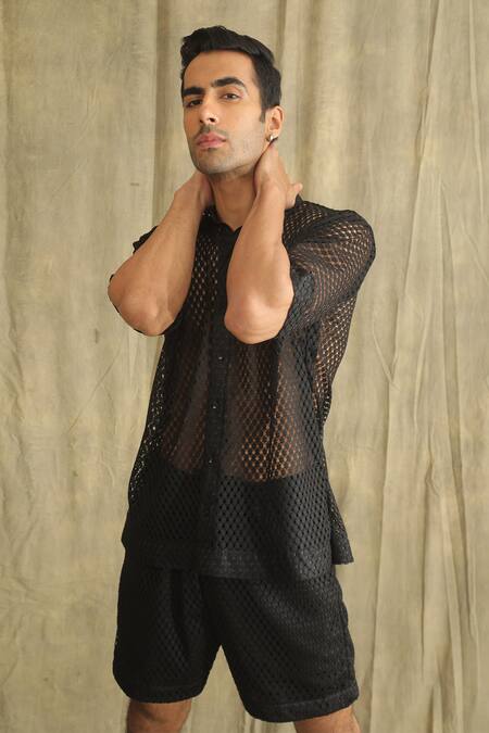 Buy_Label Muslin_Black Cotton Crochet Net Shirt _Online_at_Aza_Fashions