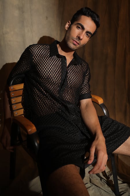 Shop_Label Muslin_Black Cotton Crochet Net Shirt _Online_at_Aza_Fashions