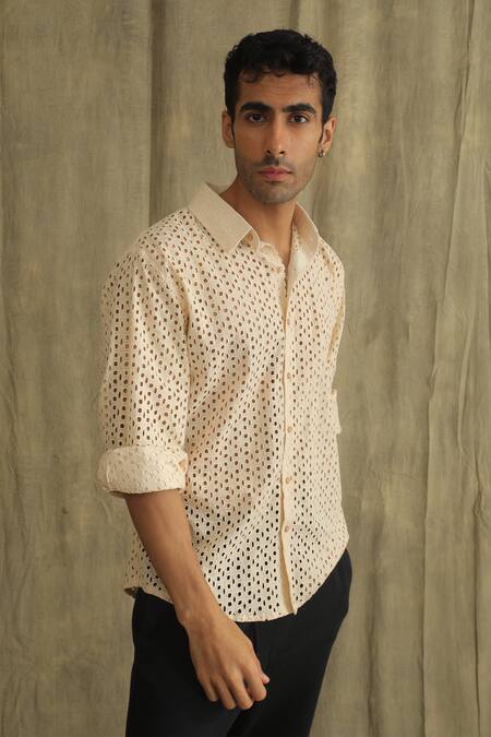 Label Muslin_Cream Cotton Ecru Shadow Work Shirt _Online_at_Aza_Fashions