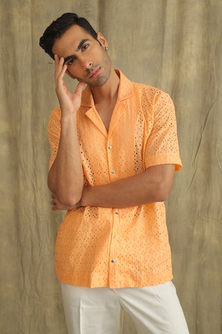 Label Muslin_Orange Cotton Shadow Work Shirt _Online_at_Aza_Fashions
