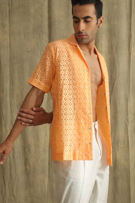 Buy_Label Muslin_Orange Cotton Shadow Work Shirt _Online_at_Aza_Fashions