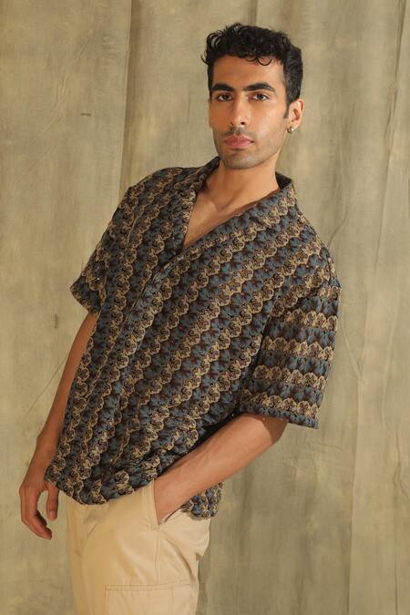 Buy_Label Muslin_Blue Cotton Hand Knitted Shirt_Online_at_Aza_Fashions