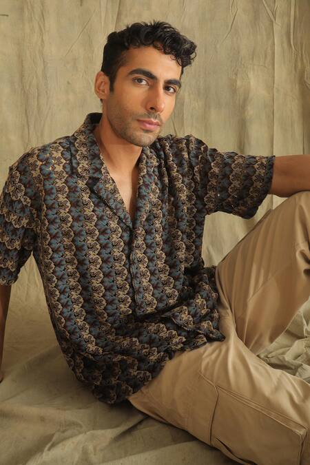 Shop_Label Muslin_Blue Cotton Hand Knitted Shirt_Online_at_Aza_Fashions