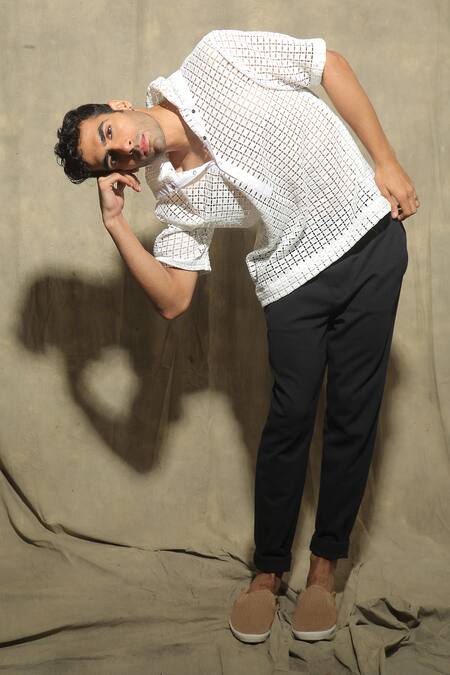 Shop_Label Muslin_White Cotton Crochet Knit Hooded Shirt _Online_at_Aza_Fashions