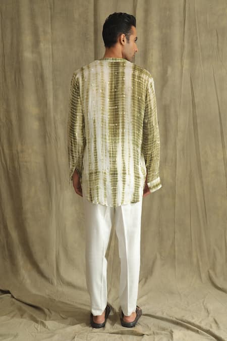 Shop_Label Muslin_Green Chiffon Embellished Cori Shells Tie Dye Short Kurta _at_Aza_Fashions