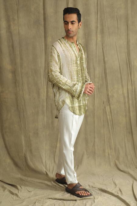 Label Muslin_Green Chiffon Embellished Cori Shells Tie Dye Short Kurta _Online_at_Aza_Fashions