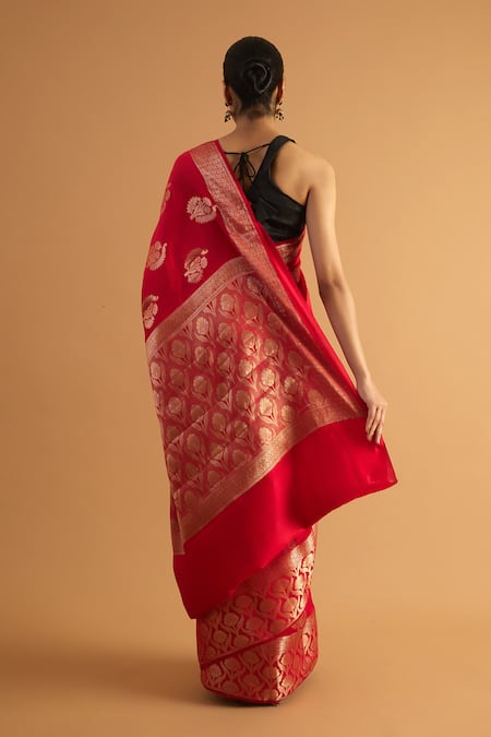 Shop Neitri Red Brocade, Silk Zari Gayatri Handwoven Saree at Aza Fashions Shop_Neitri_Red Brocade, Silk Zari Gayatri Handwoven Saree _at_Aza_Fashions