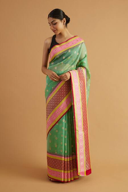 Neitri_Green Organza Zari Somnath Handwoven Saree_Online_at_Aza_Fashions