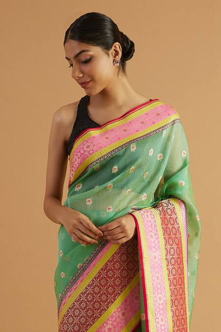 Buy_Neitri_Green Organza Zari Somnath Handwoven Saree_Online_at_Aza_Fashions