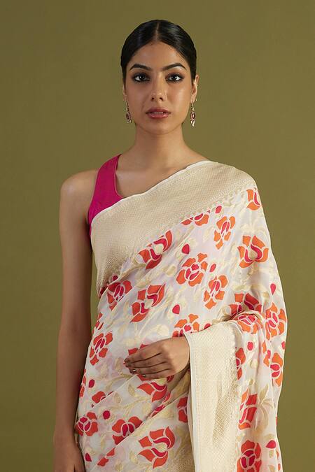 Neitri_Off White Georgette Tifli Handwoven Saree _Online_at_Aza_Fashions