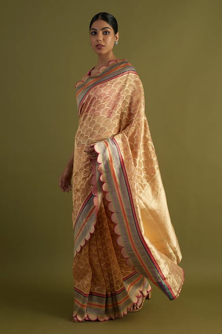 Neitri Yellow Tissue, Silk Zari Amravati Scallop Woven Saree Online at Aza Fashions Neitri_Yellow Tissue, Silk Zari Amravati Scallop Woven Saree_Online_at_Aza_Fashions