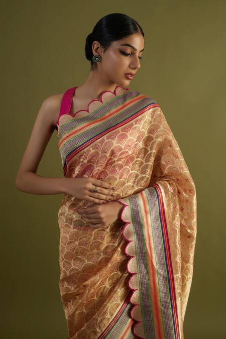 Buy Neitri Yellow Tissue, Silk Zari Amravati Scallop Woven Saree Online at Aza Fashions Buy_Neitri_Yellow Tissue, Silk Zari Amravati Scallop Woven Saree_Online_at_Aza_Fashions