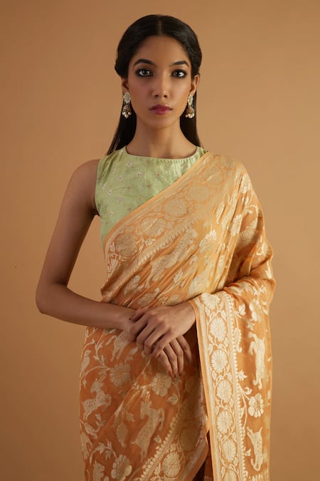 Neitri_Peach Georgette Embroidery Aror Handwoven Shikargah Work Saree _Online_at_Aza_Fashions