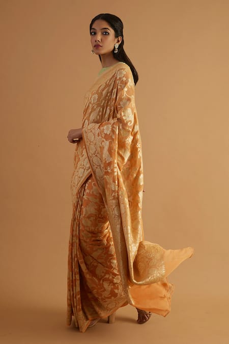 Buy_Neitri_Peach Georgette Embroidery Aror Handwoven Shikargah Work Saree _Online_at_Aza_Fashions