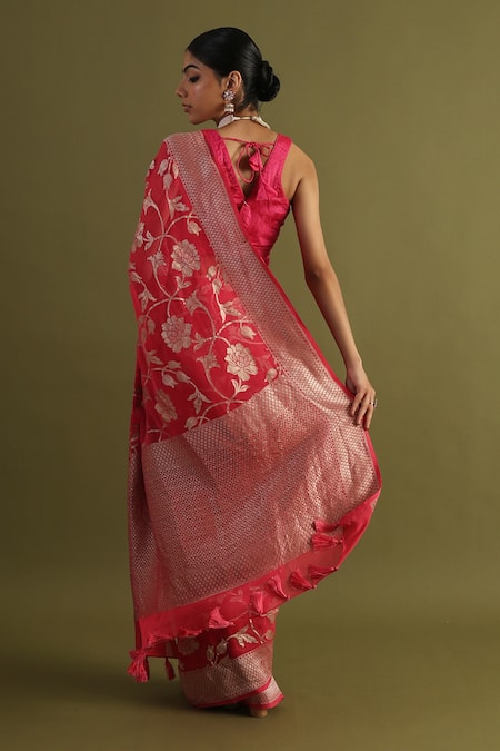 Shop Neitri Pink Georgette Zari Dhani Gul Jaal Handwoven Saree at Aza Fashions Shop_Neitri_Pink Georgette Zari Dhani Gul Jaal Handwoven Saree _at_Aza_Fashions