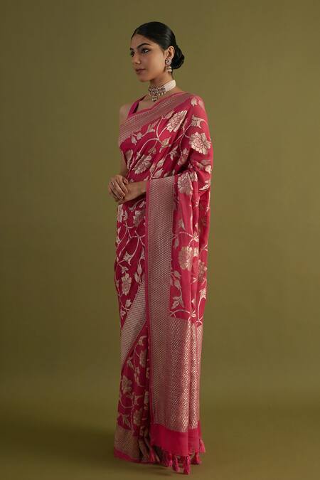 Neitri Pink Georgette Zari Dhani Gul Jaal Handwoven Saree Online at Aza Fashions Neitri_Pink Georgette Zari Dhani Gul Jaal Handwoven Saree _Online_at_Aza_Fashions